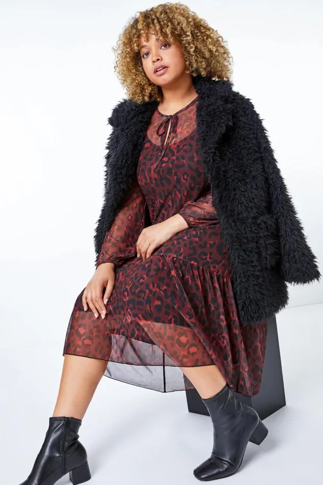 Maroon Curve Leopard Print Mesh Chiffon Midi Dress Women Roman Dresses