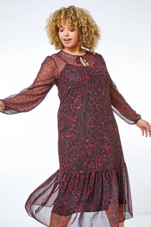 Maroon Curve Leopard Print Mesh Chiffon Midi Dress Women Roman Dresses