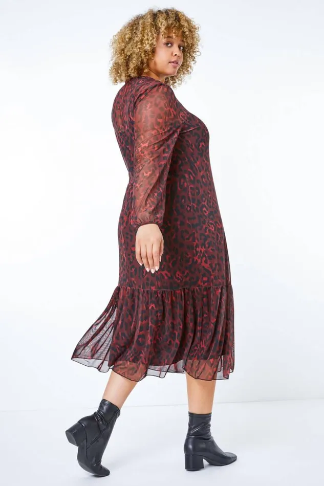 Maroon Curve Leopard Print Mesh Chiffon Midi Dress Women Roman Dresses