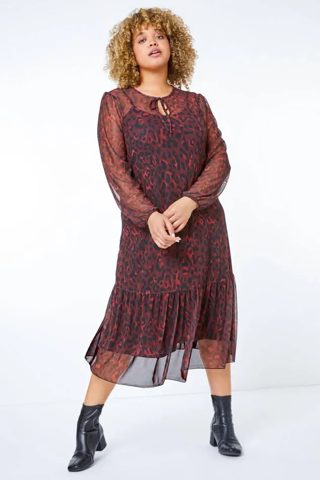 Maroon Curve Leopard Print Mesh Chiffon Midi Dress Women Roman Dresses