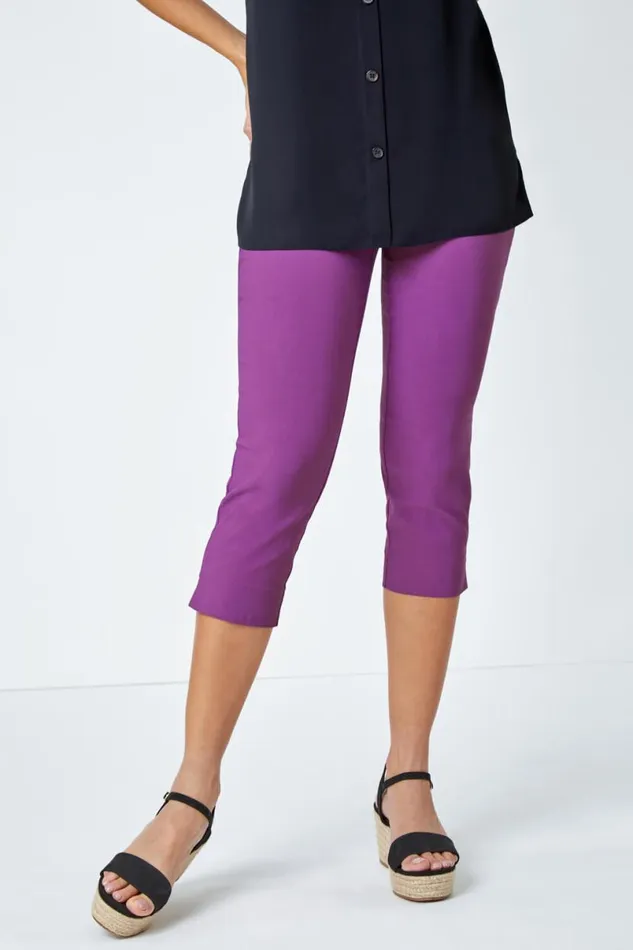 Mauve Elastic Waist Stretch Cropped Trousers Women Roman Coords