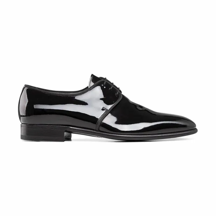Men Black Patent Leather Derby Shoe Santoni LaceUps
