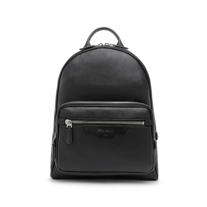 Men Black Tumbled Leather Backpack Santoni Bags and Backpacks