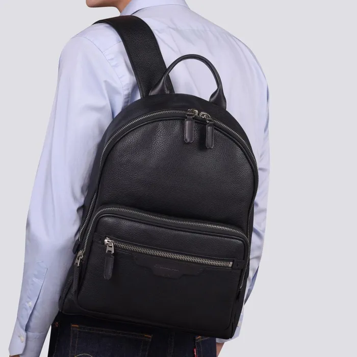 Men Black Tumbled Leather Backpack Santoni Bags and Backpacks