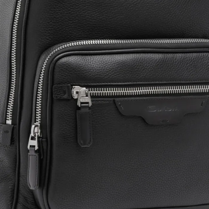 Men Black Tumbled Leather Backpack Santoni Bags and Backpacks