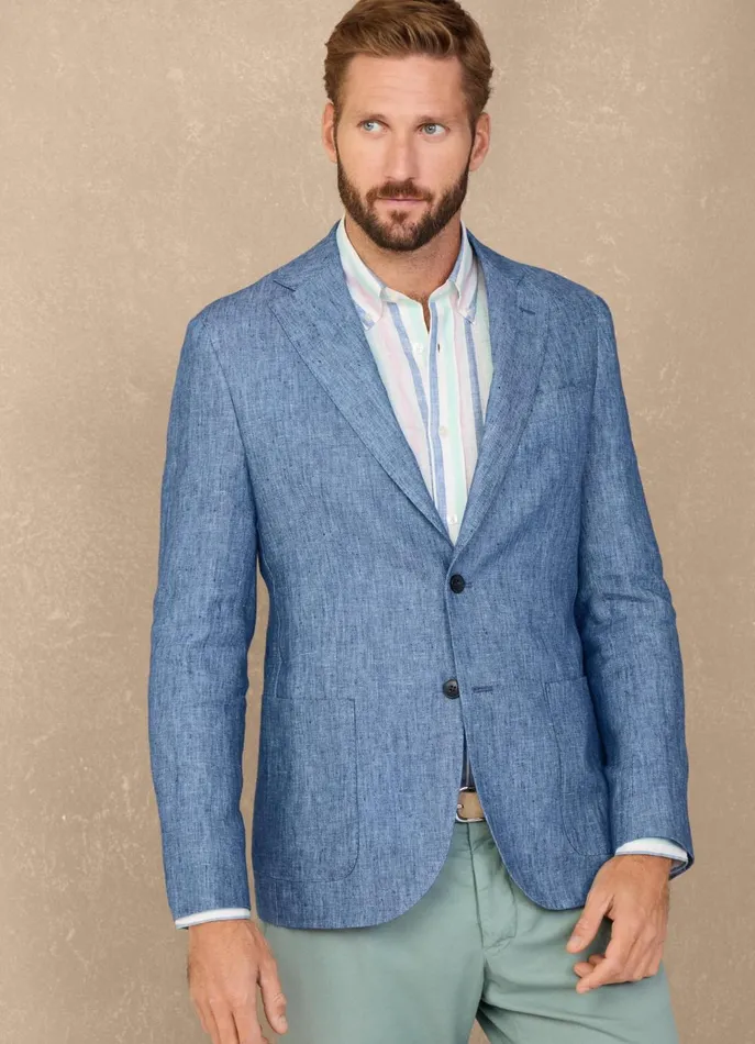 Men Blazers Faonnable Chambray Linen Blazer Dark Denim Blue
