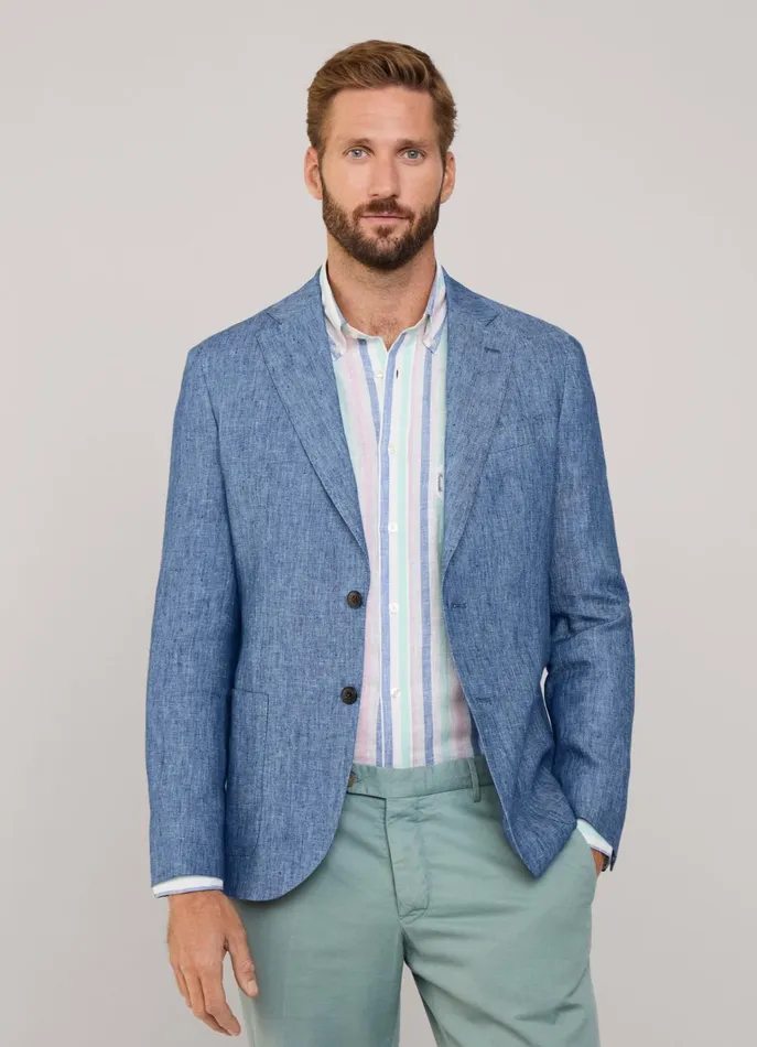 Men Blazers Faonnable Chambray Linen Blazer Dark Denim Blue