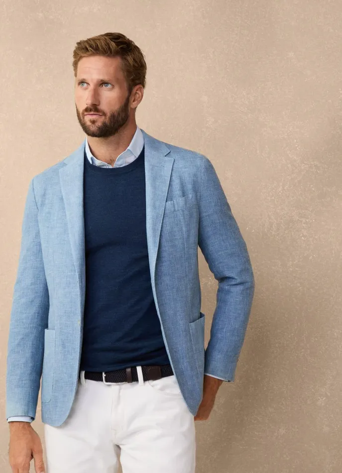 Men Blazers Faonnable Wool Linen Blazer With Patch Pockets Light Thames Blue