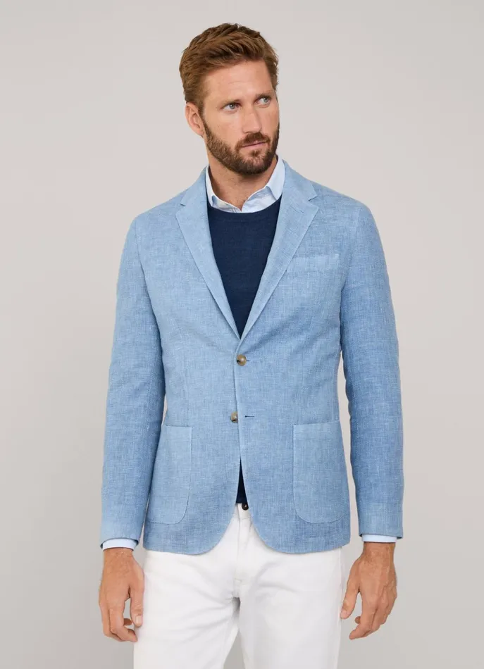 Men Blazers Faonnable Wool Linen Blazer With Patch Pockets Light Thames Blue