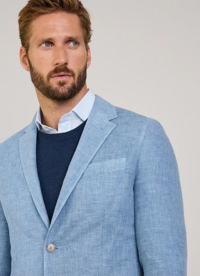 Men Blazers Faonnable Wool Linen Blazer With Patch Pockets Light Thames Blue