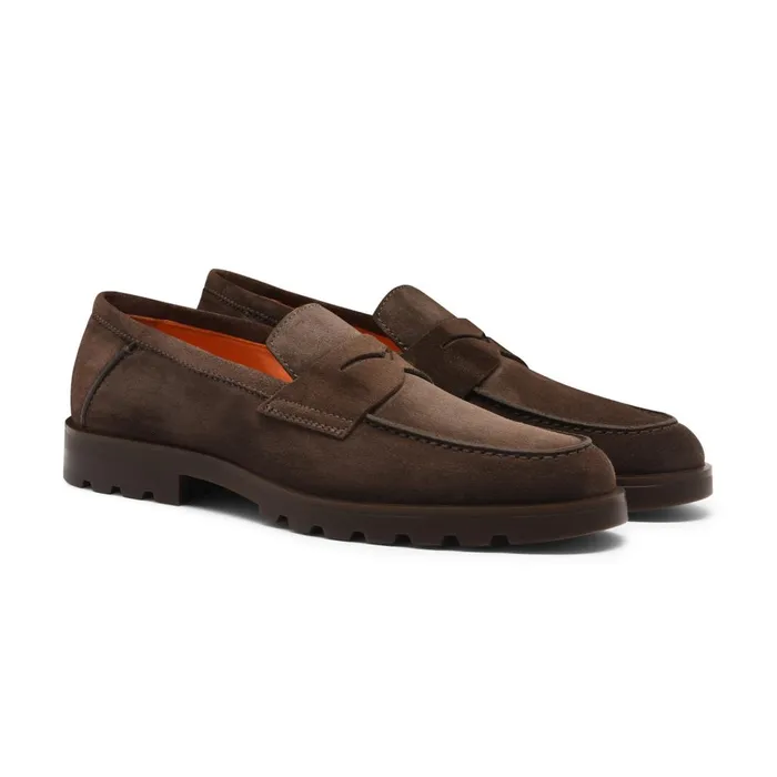 Men Dark Brown Suede Penny Loafer Santoni Loafers