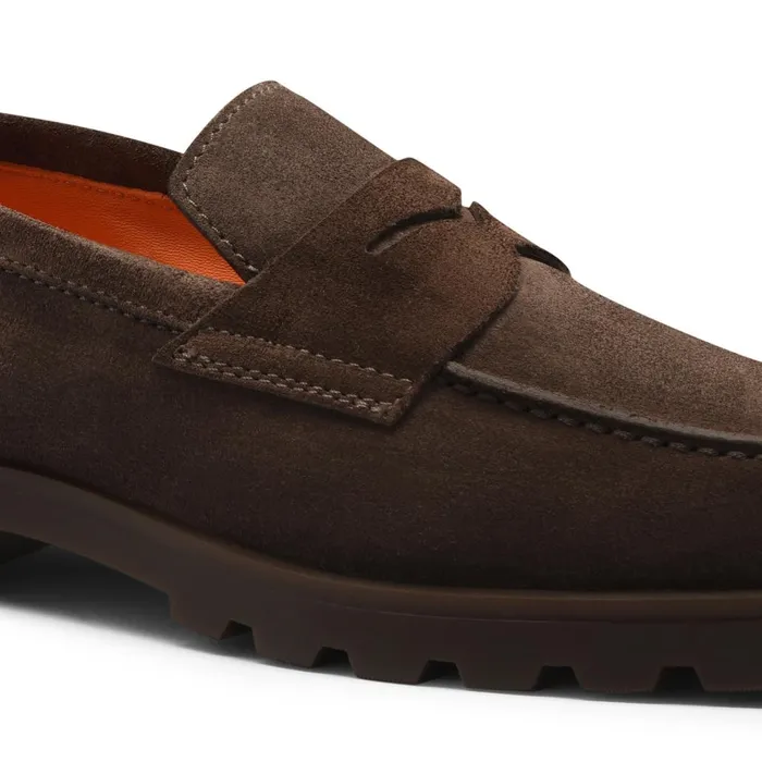 Men Dark Brown Suede Penny Loafer Santoni Loafers