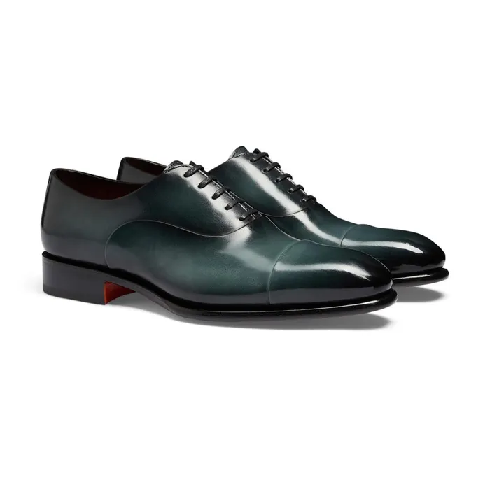 Men Green Leather Oxford Shoe Santoni LaceUps