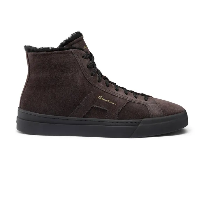 Men Grey Suede High Top Double Buckle Sneaker With Fur Santoni Sneakers