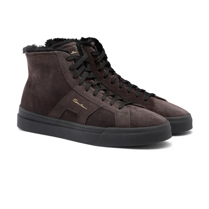 Men Grey Suede High Top Double Buckle Sneaker With Fur Santoni Sneakers