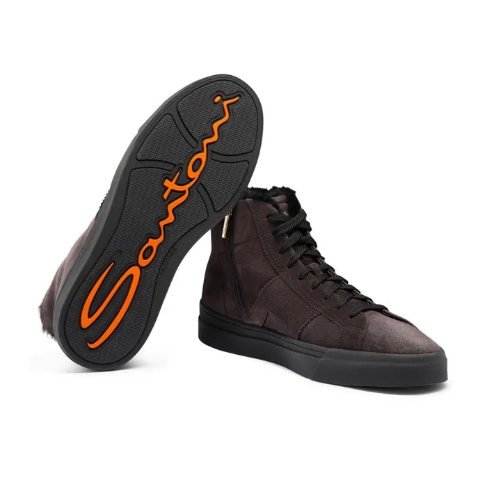 Men Grey Suede High Top Double Buckle Sneaker With Fur Santoni Sneakers
