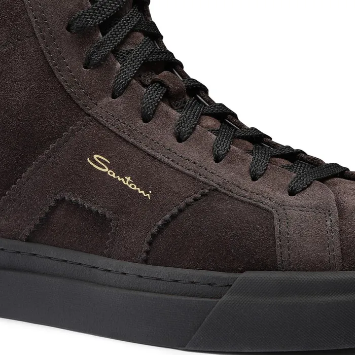 Men Grey Suede High Top Double Buckle Sneaker With Fur Santoni Sneakers