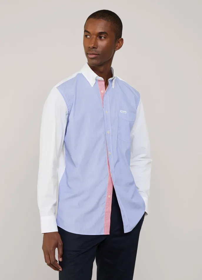 Men Iconic Shirts Faonnable Regular Fit Colour Block Poplin Shirt Blue