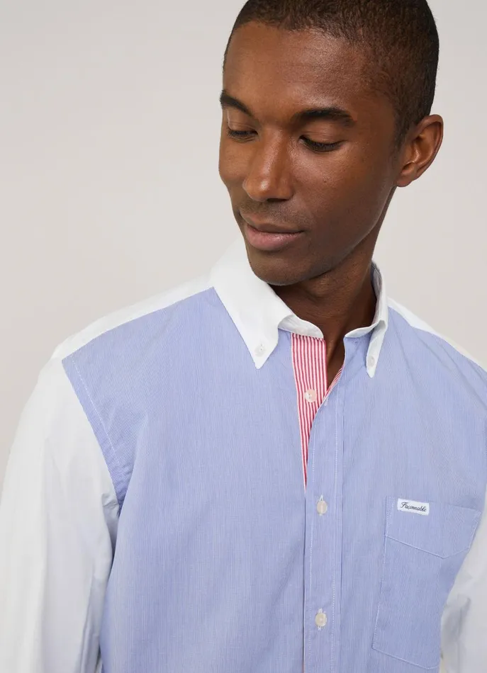 Men Iconic Shirts Faonnable Regular Fit Colour Block Poplin Shirt Blue