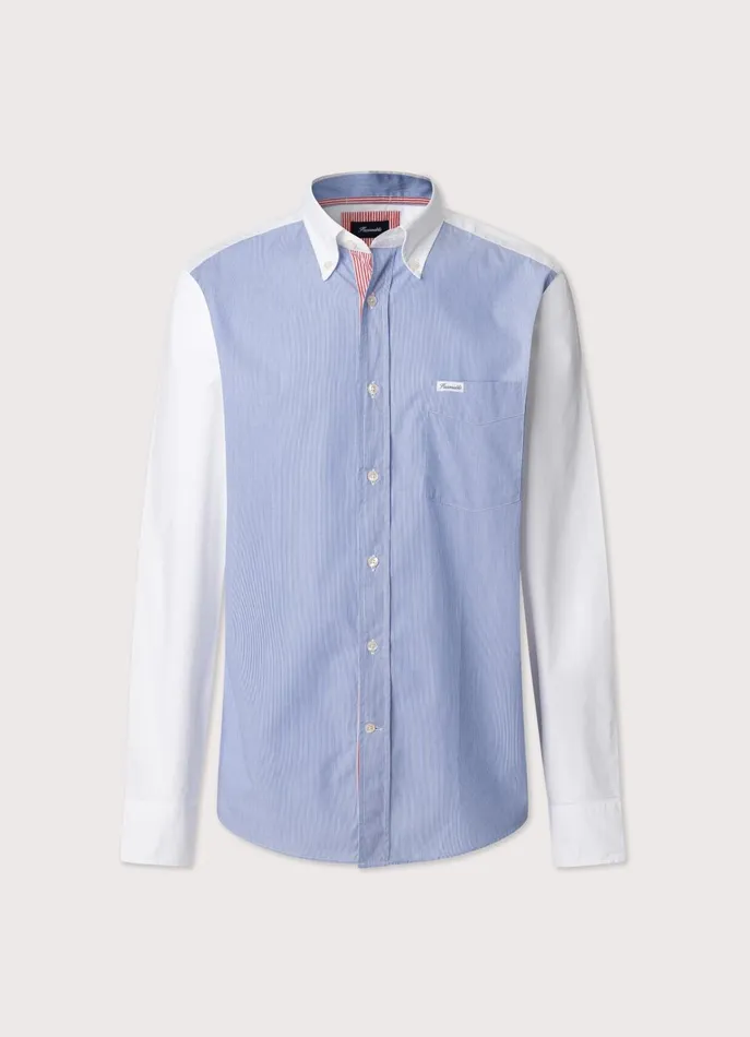 Men Iconic Shirts Faonnable Regular Fit Colour Block Poplin Shirt Blue