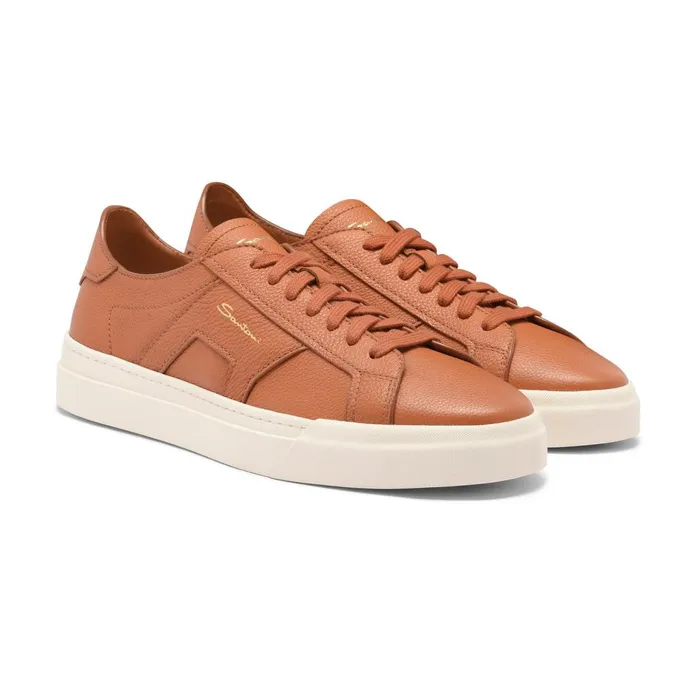 Men Orange Tumbled Leather Double Buckle Sneaker Santoni Sneakers