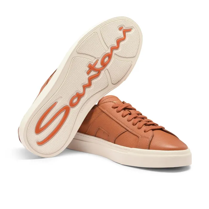Men Orange Tumbled Leather Double Buckle Sneaker Santoni Sneakers