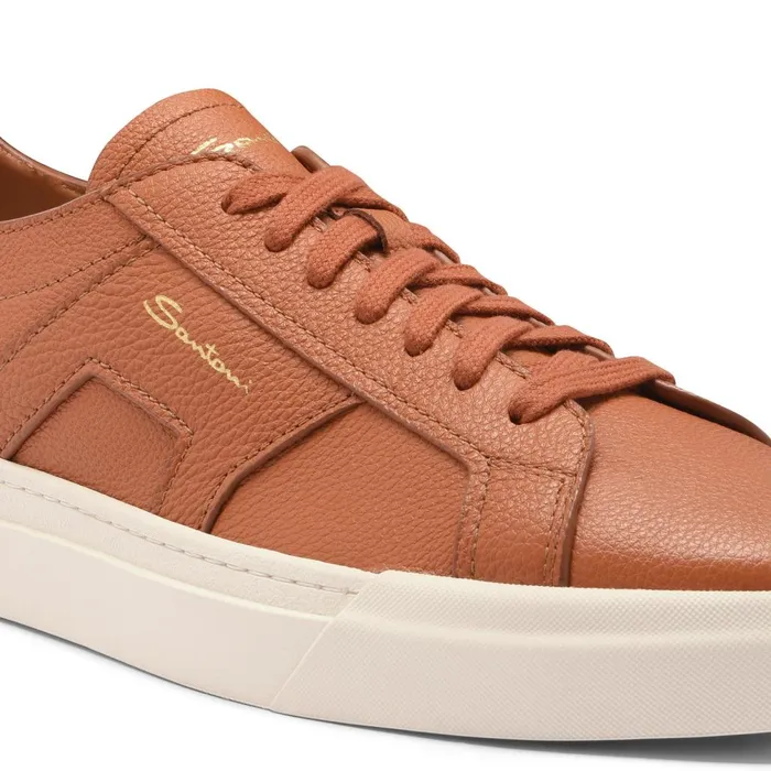 Men Orange Tumbled Leather Double Buckle Sneaker Santoni Sneakers