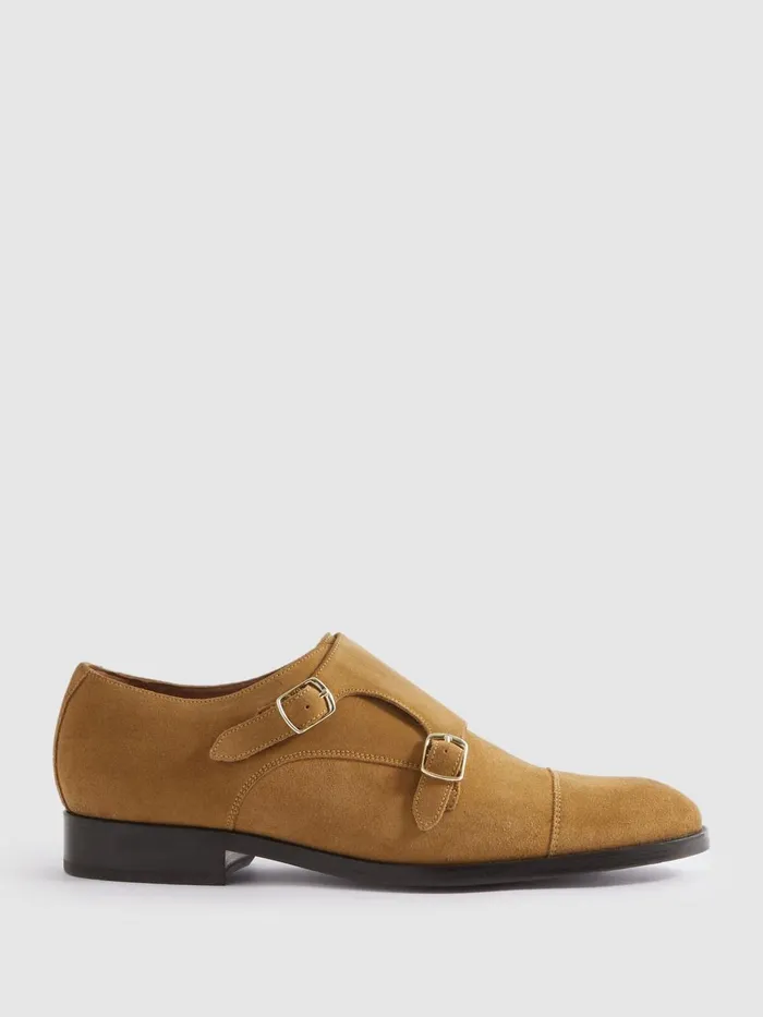 Men Reiss Formal Shoes Amalfi Suede Double Monk Strap Shoes Stone