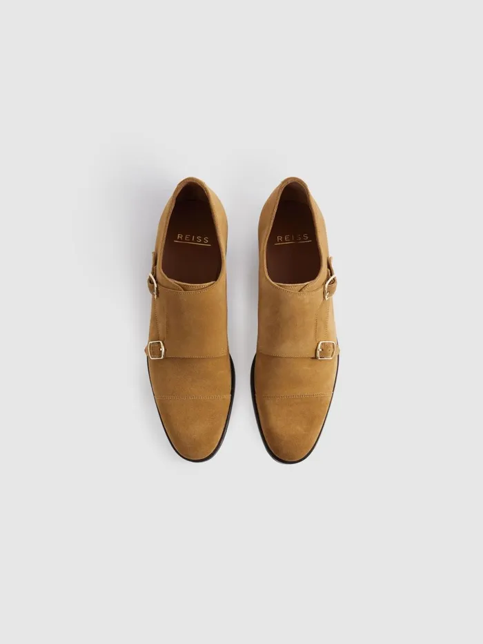 Men Reiss Formal Shoes Amalfi Suede Double Monk Strap Shoes Stone
