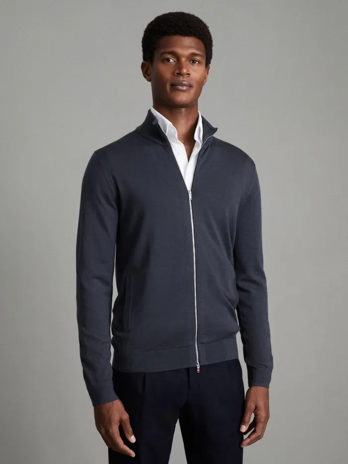 Men Reiss Knitwear Hampshire Merino Wool FunnelNeck Jacket Blue Smoke