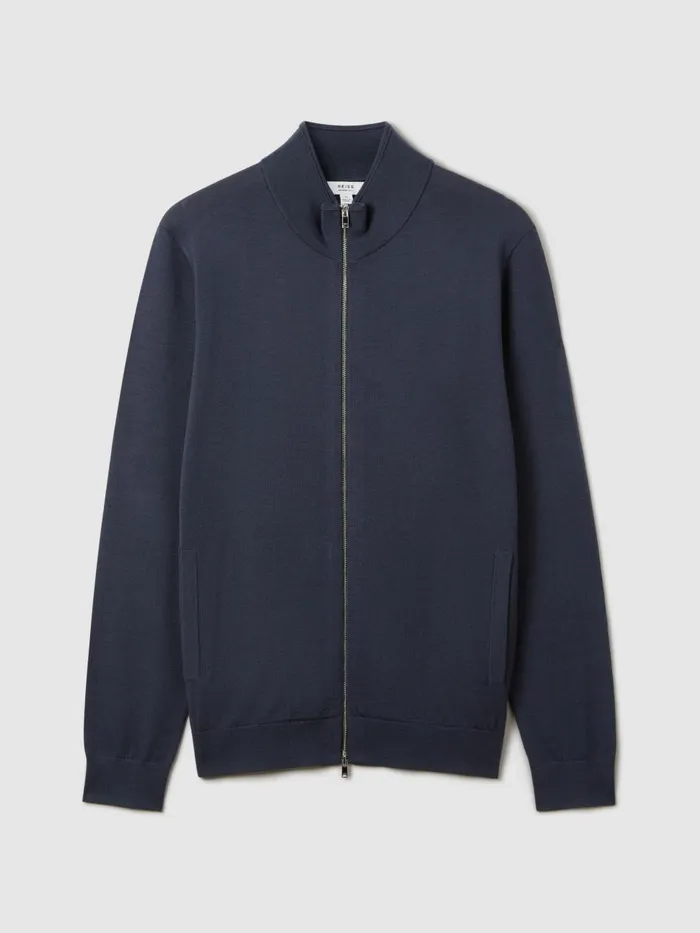 Men Reiss Knitwear Hampshire Merino Wool FunnelNeck Jacket Blue Smoke