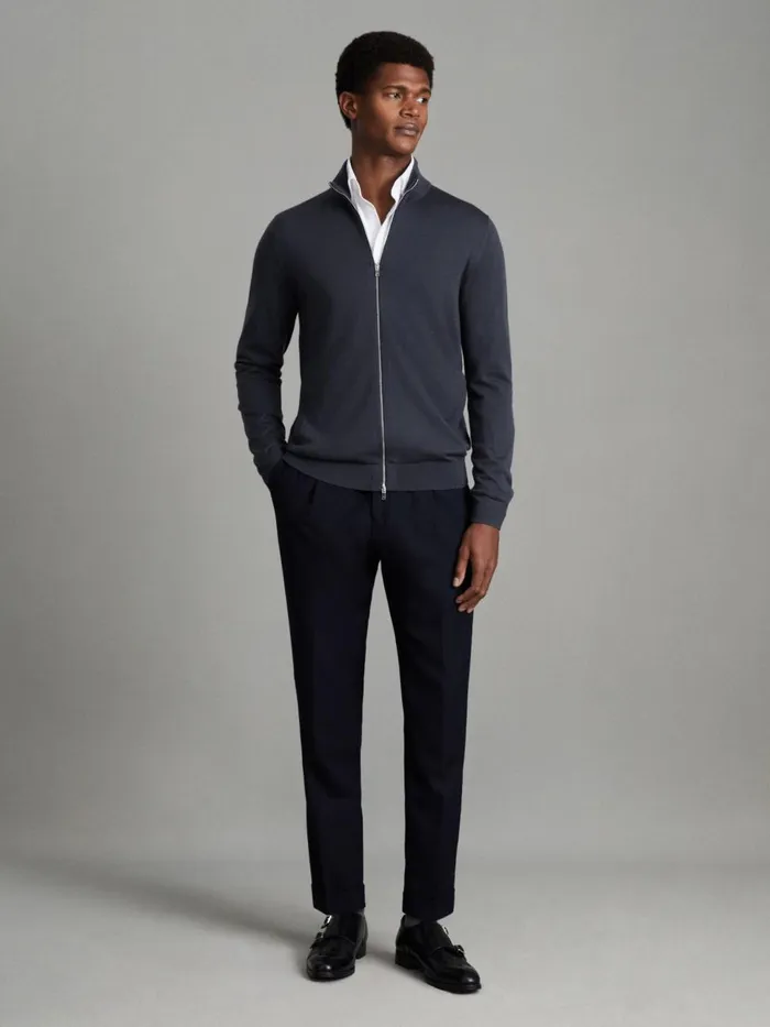 Men Reiss Knitwear Hampshire Merino Wool FunnelNeck Jacket Blue Smoke