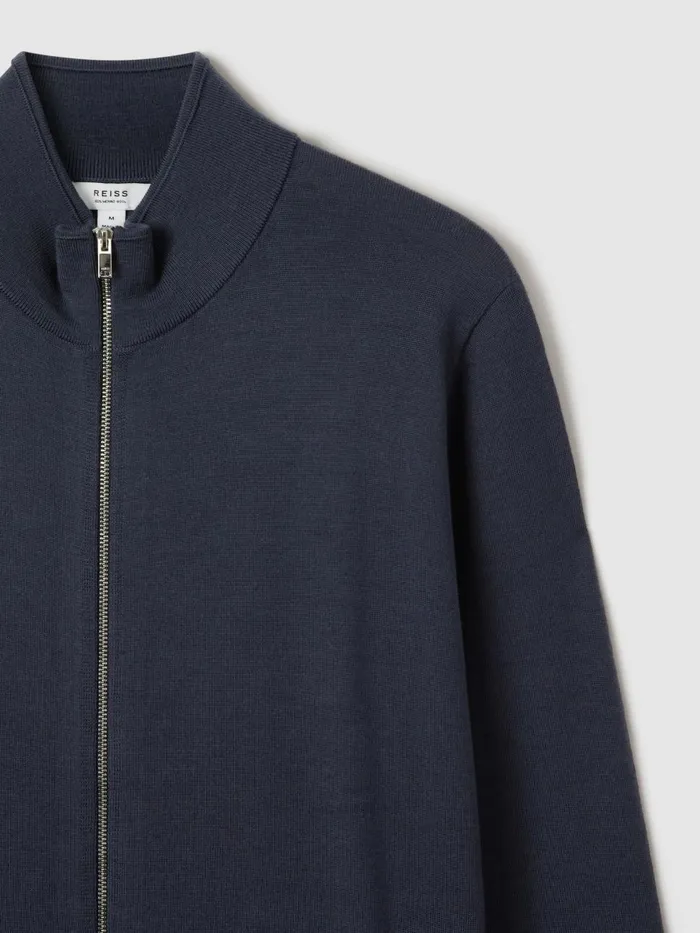 Men Reiss Knitwear Hampshire Merino Wool FunnelNeck Jacket Blue Smoke