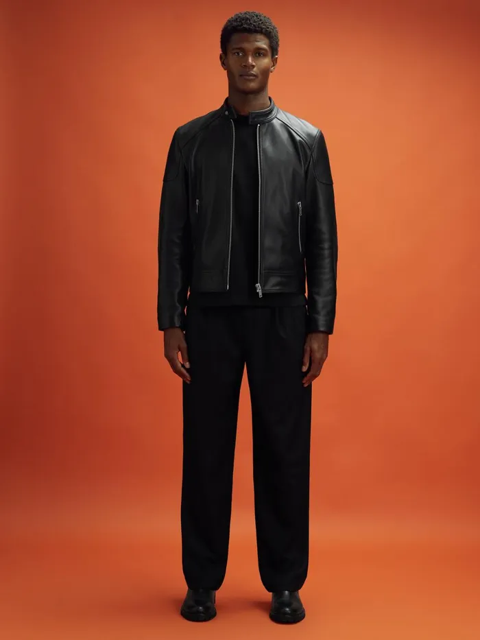 Men Reiss Outerwear and Coats F1 Embossed Leather Jacket Black
