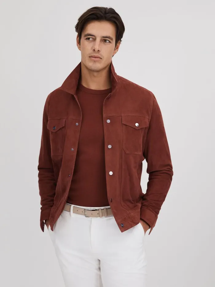 Men Reiss Outerwear and Coats Nico Suede Twin Pocket Overshirt Rust
