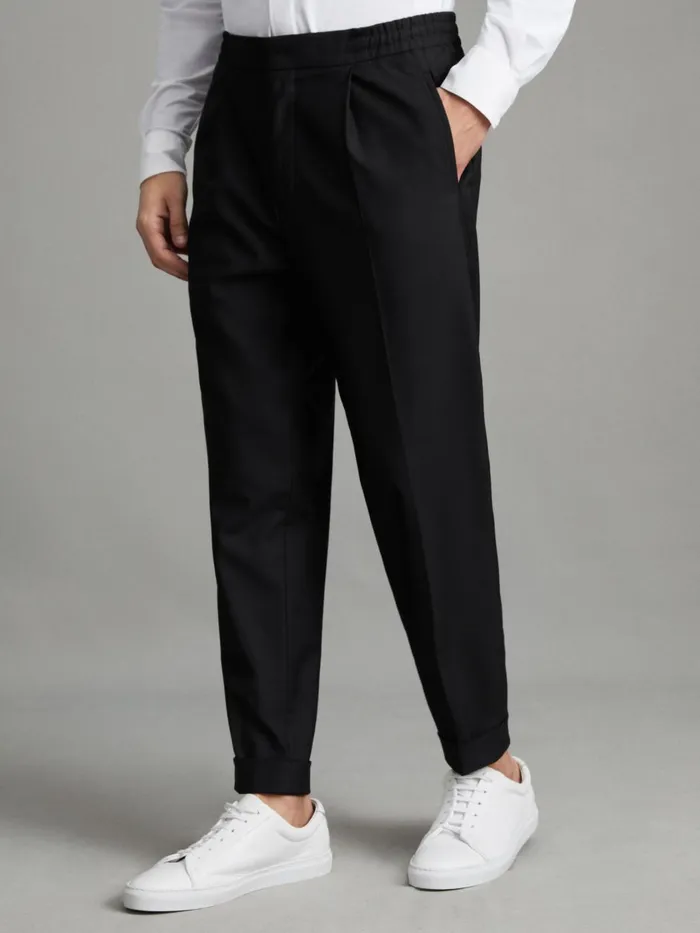 Men Reiss Pants Brighton Relaxed Drawstring Trousers With TurnUps Black