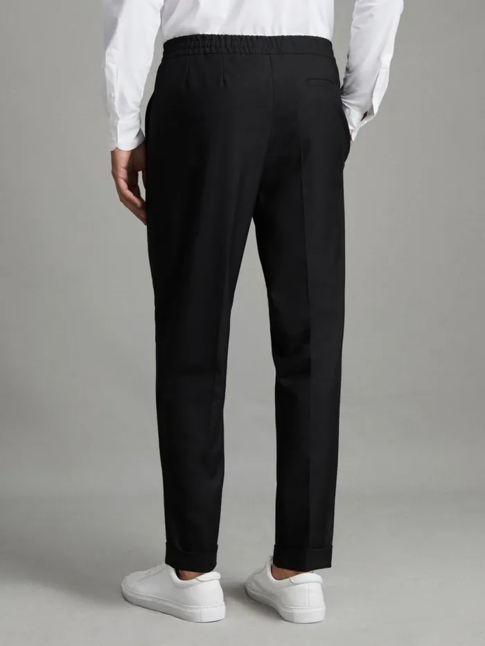 Men Reiss Pants Brighton Relaxed Drawstring Trousers With TurnUps Black