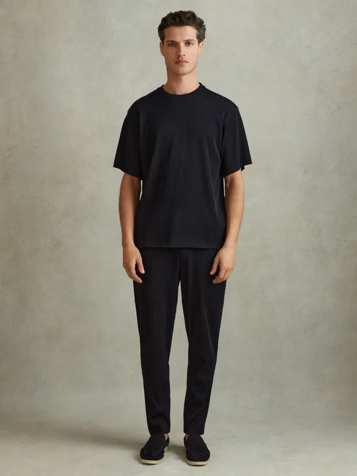 Men Reiss Pants Cyrus Ribbed Elasticated Waist Trousers Navy