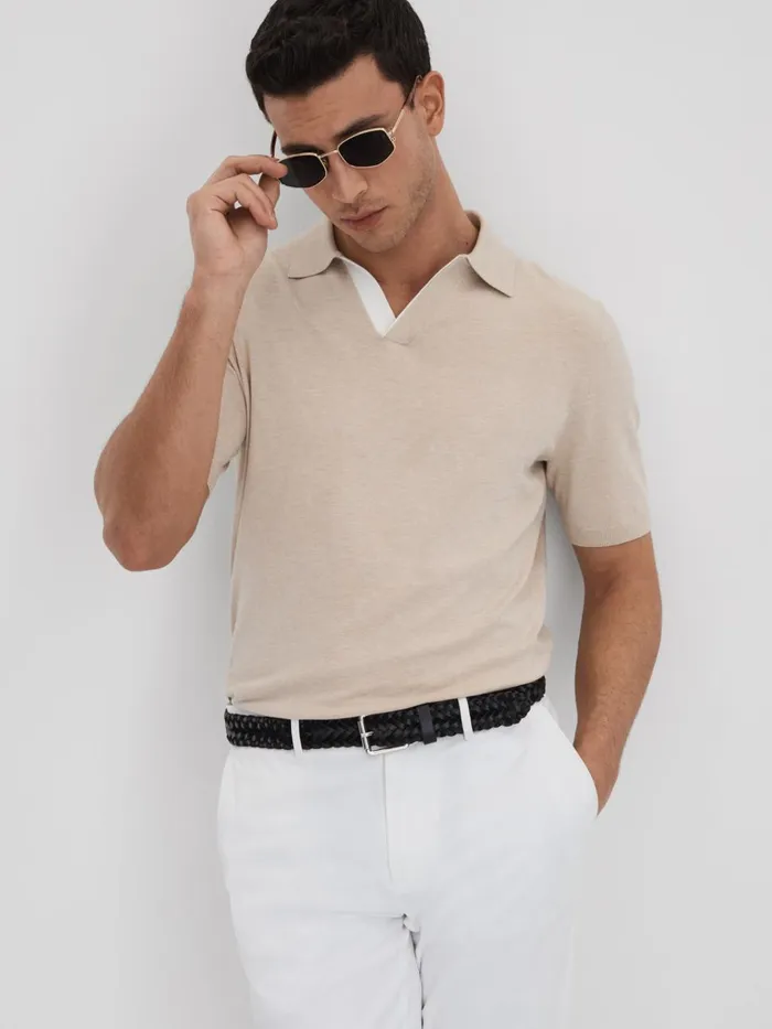 Men Reiss Polo Shirts Boston Cotton Blend Contrast Open Collar Shirt Camel