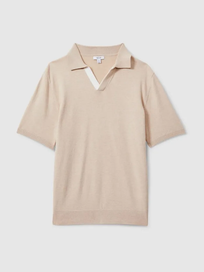 Men Reiss Polo Shirts Boston Cotton Blend Contrast Open Collar Shirt Camel