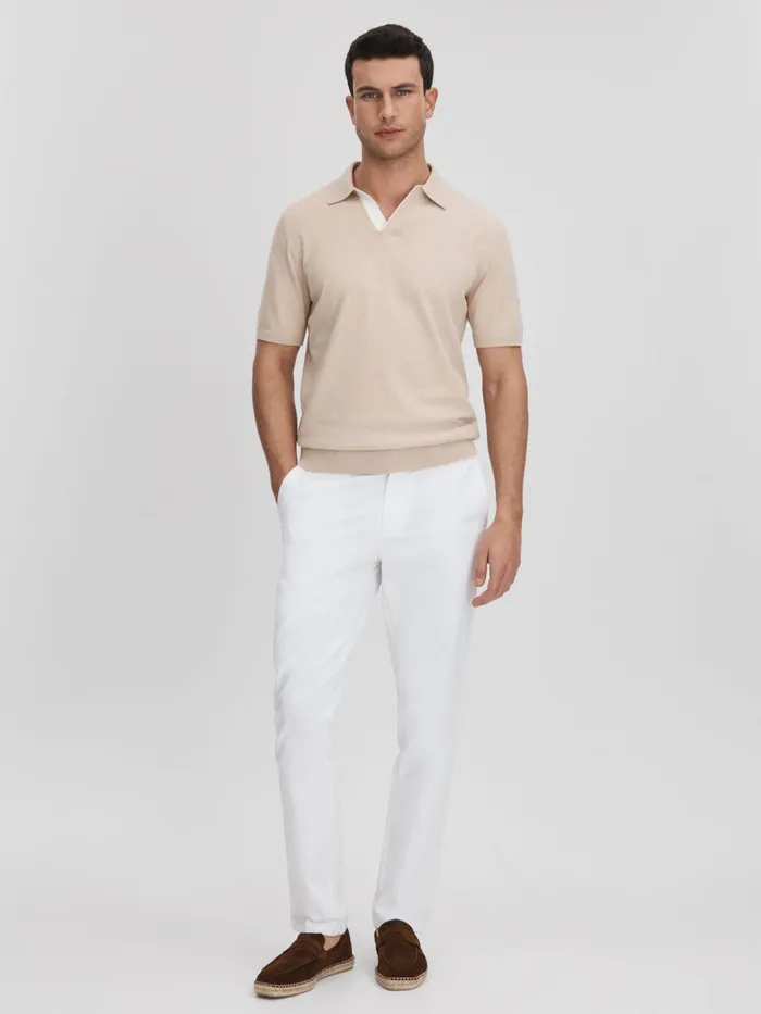 Men Reiss Polo Shirts Boston Cotton Blend Contrast Open Collar Shirt Camel