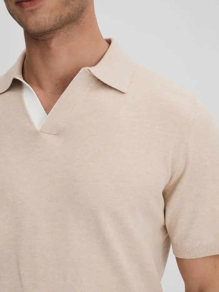 Men Reiss Polo Shirts Boston Cotton Blend Contrast Open Collar Shirt Camel