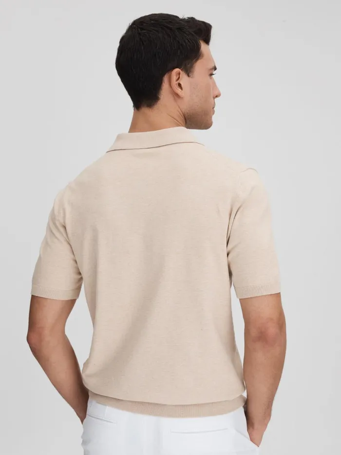 Men Reiss Polo Shirts Boston Cotton Blend Contrast Open Collar Shirt Camel
