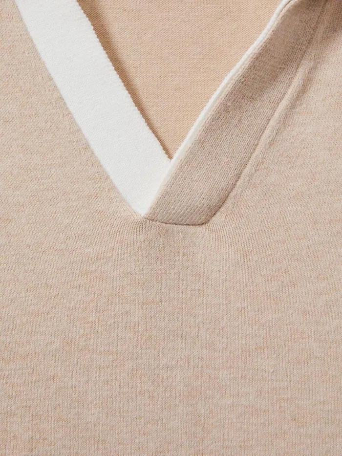 Men Reiss Polo Shirts Boston Cotton Blend Contrast Open Collar Shirt Camel