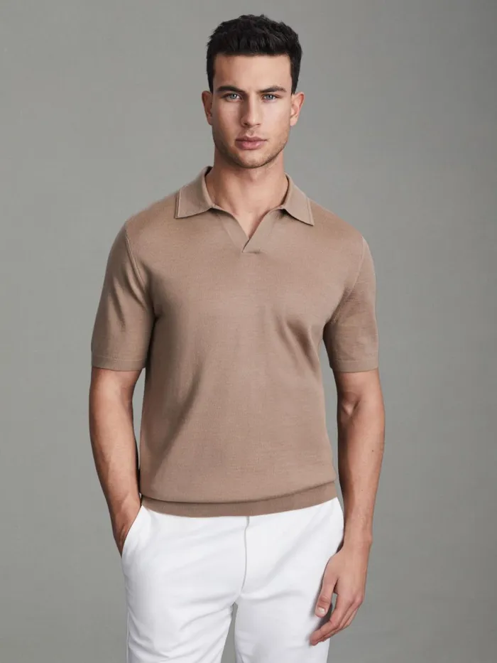 Men Reiss Polo Shirts Duchie Merino Wool Open Collar Polo Shirt Camel