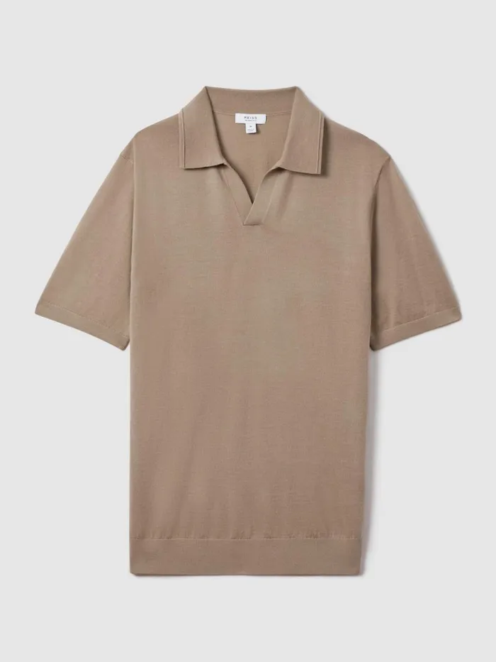 Men Reiss Polo Shirts Duchie Merino Wool Open Collar Polo Shirt Camel