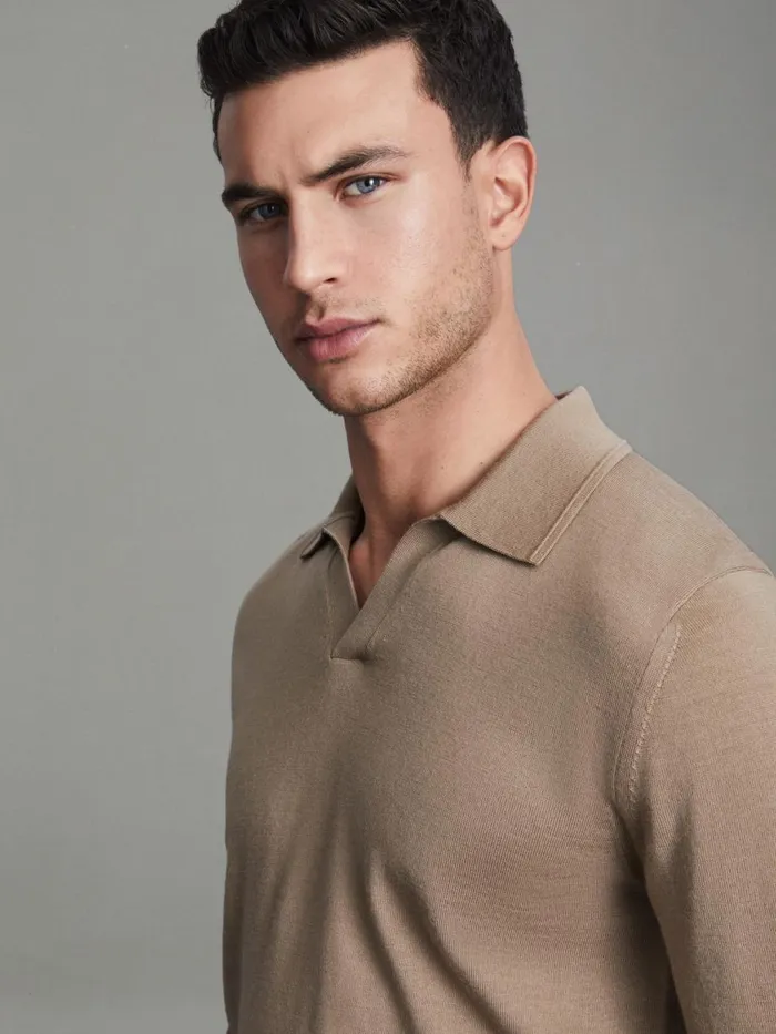 Men Reiss Polo Shirts Duchie Merino Wool Open Collar Polo Shirt Camel