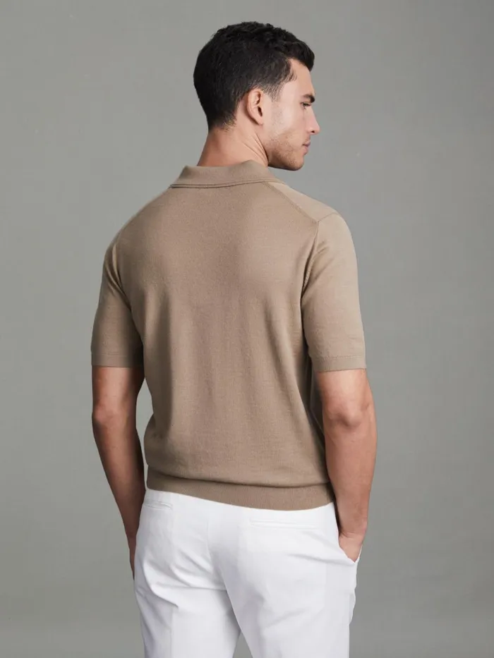 Men Reiss Polo Shirts Duchie Merino Wool Open Collar Polo Shirt Camel