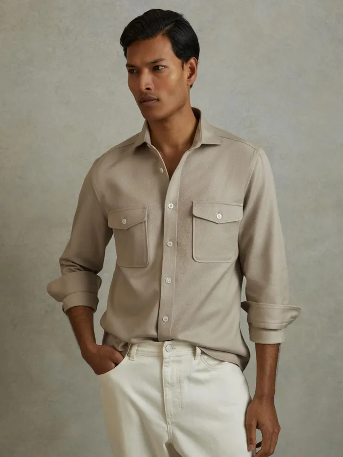 Men Reiss Shirts Arlo Cotton Canvas Overshirt Stone