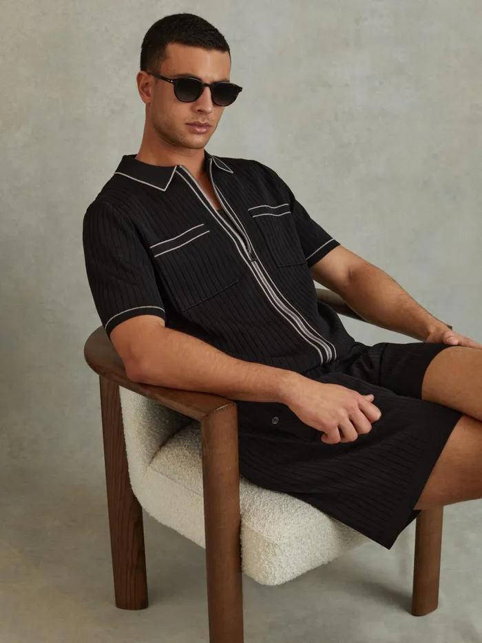 Men Reiss Shirts Christophe Ribbed Dual ZipFront Shirt Black